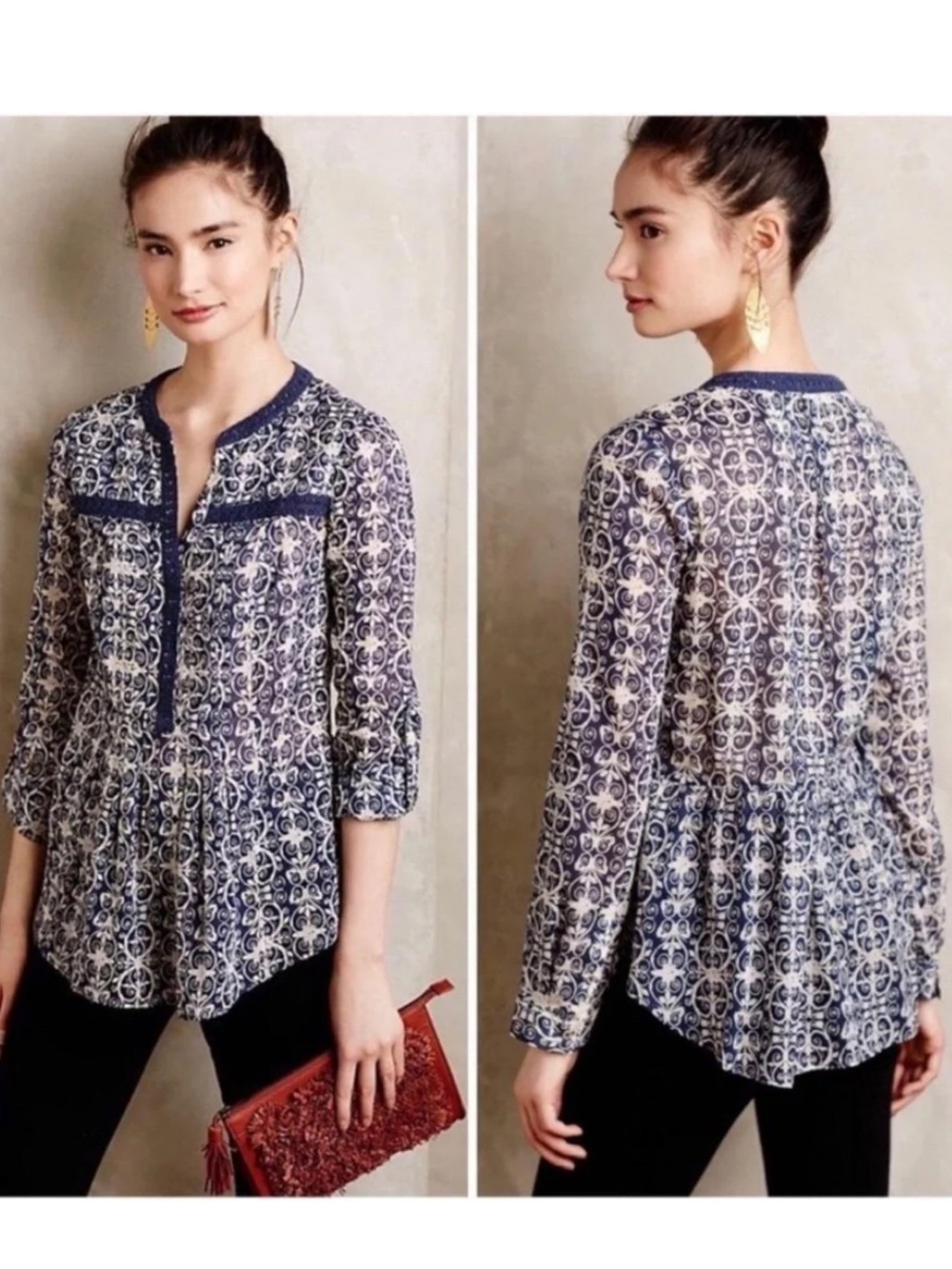 Maeve Anthropologie Navy & White Boho Printed Peplum Blouse 100% Cotton